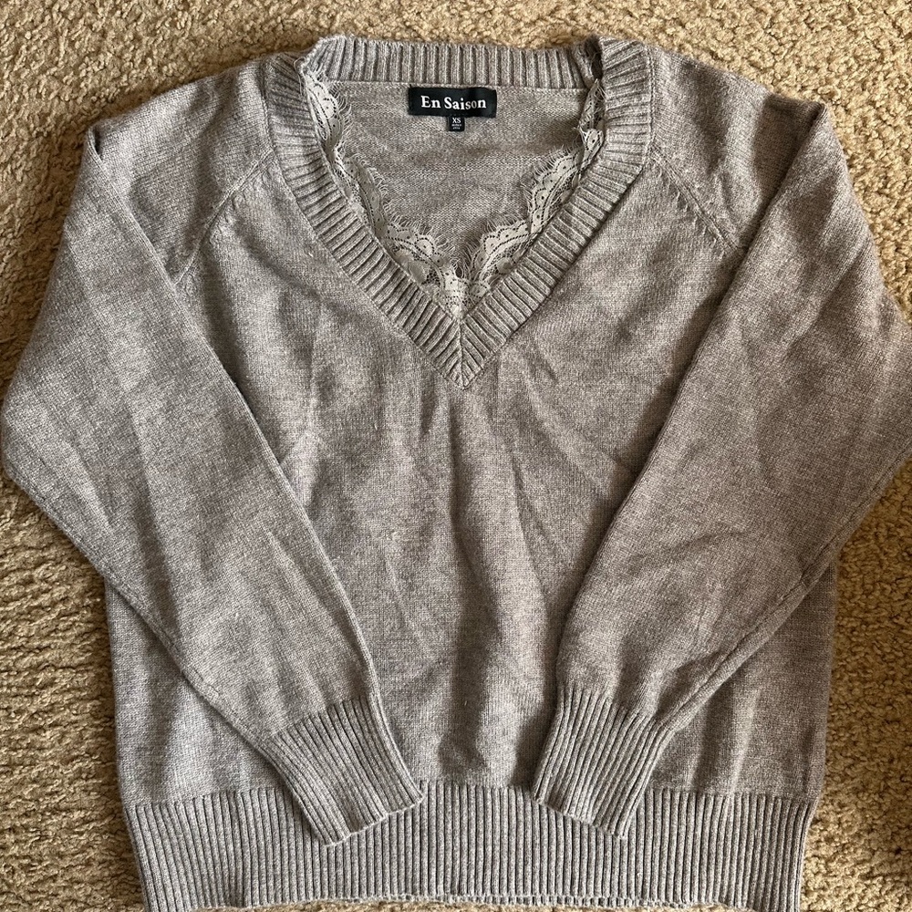 En Saison Heather Gray Lace-Trim Sweater